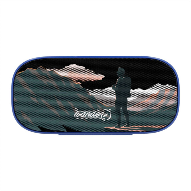 A blue Bluetooth speaker featuring a silhouette against a mountain backdrop and a logo on the front.