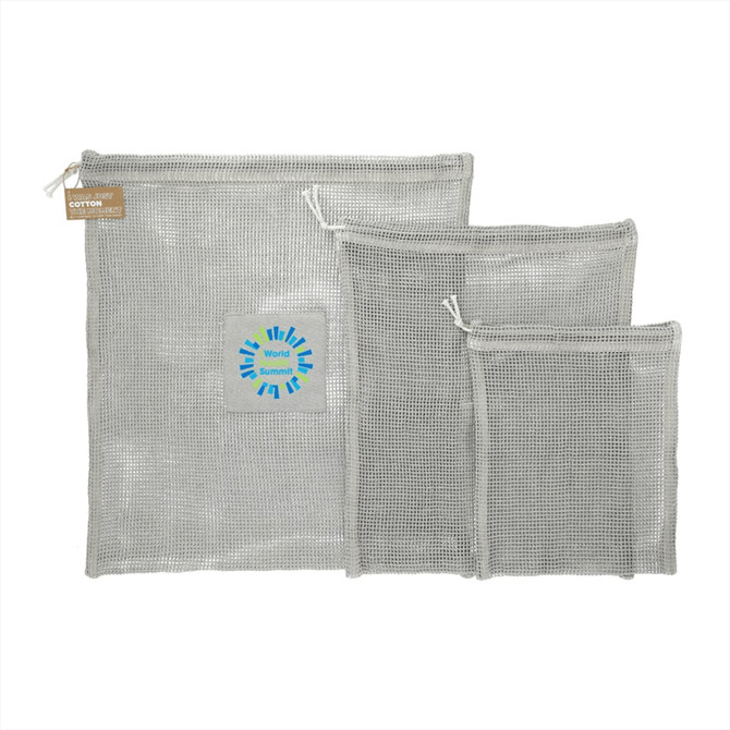 Three grey recycled cotton mesh pouches of varying sizes, one featuring a logo. Ideal for organising toiletries.