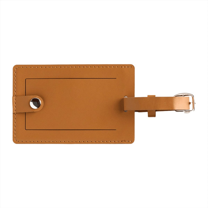 A brown bio leather luggage tag with a strap and a circular hole for attachment. It features a smooth, glossy finish.