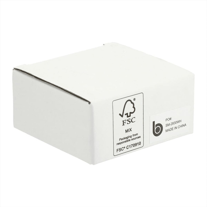 A white cardboard box with a logo and packaging information, suitable for a wireless charging pad.
