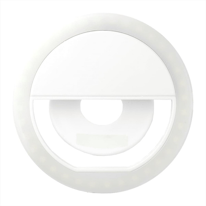 A white circular LED light designed for laptop use, featuring a central cut-out and a border of small lights.