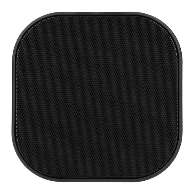 A black Bluetooth speaker with a smooth, rounded edge design and a textured surface. It features a branding logo.