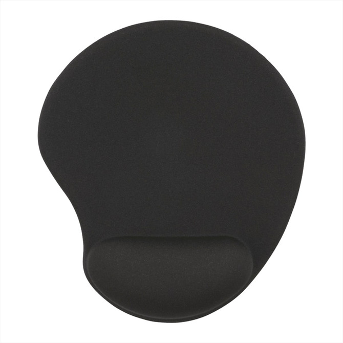 A black gel mouse pad with a built-in wrist rest, featuring a smooth surface and contoured shape.