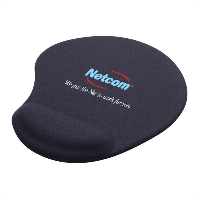 A dark grey gel mouse pad with a wrist rest, featuring a logo on the surface.