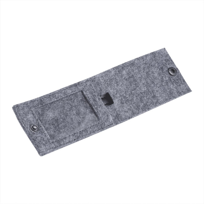A grey recycled felt luggage tag featuring a clear pocket and a button closure. Includes a branding logo.