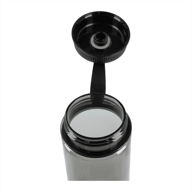A drink bottle in grey with a black cap and a spout, featuring a removable lid and a logo.