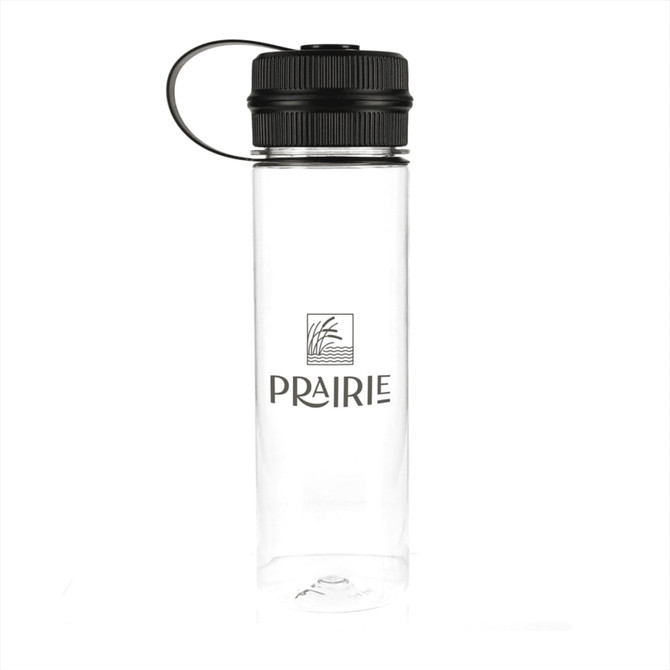 A drink bottle made of clear material with a black lid and a logo. It has a capacity of 620ml.