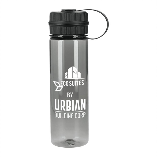 A drink bottle made from recycled R-PET, featuring a transparent grey body and a black screw-on lid with a carry handle.