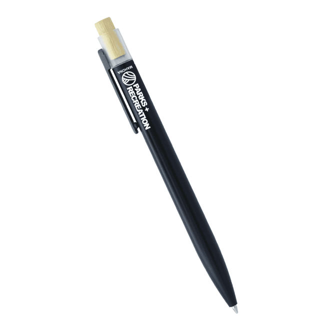 A black pen with a bamboo clicker, featuring a logo, made from recycled aluminium.