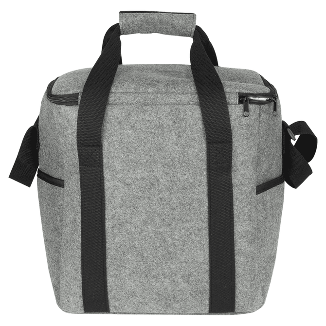 A drink bottle cooler bag in grey felt with black straps and zippered closure, featuring side pockets and a top handle.