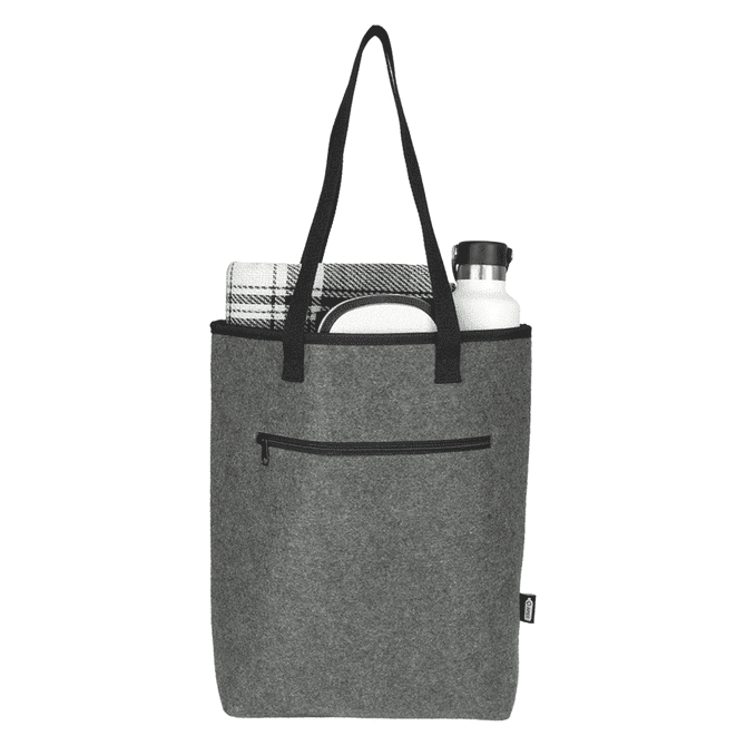 A grey cooler tote bag with a water bottle, a plate, and a checkered cloth visible inside. Features a front zip pocket.