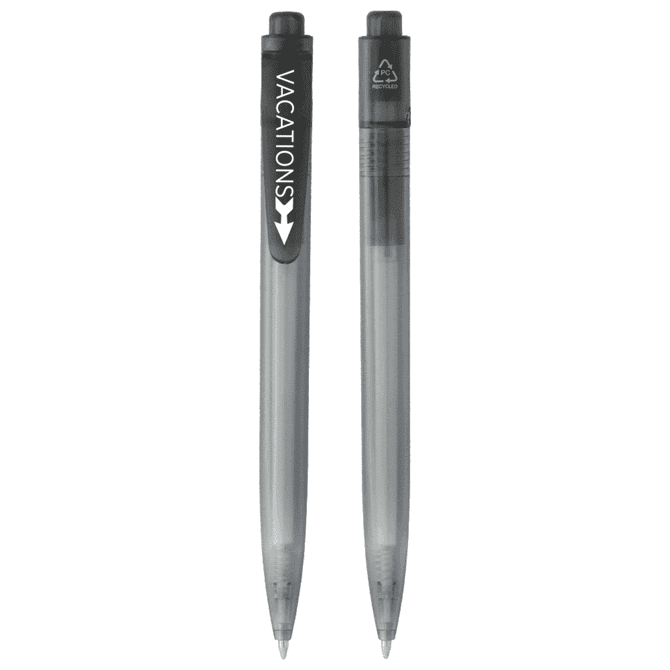 A pair of grey ballpoint pens featuring a black grip and clip, with one pen showing a logo.