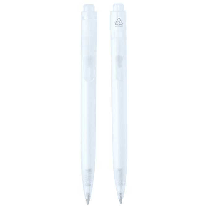 A clear plastic ballpoint pen featuring a simple design and a logo. Ideal for writing.