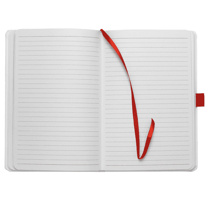 A bound journal in white with red accents, featuring lined pages and a red ribbon bookmark.