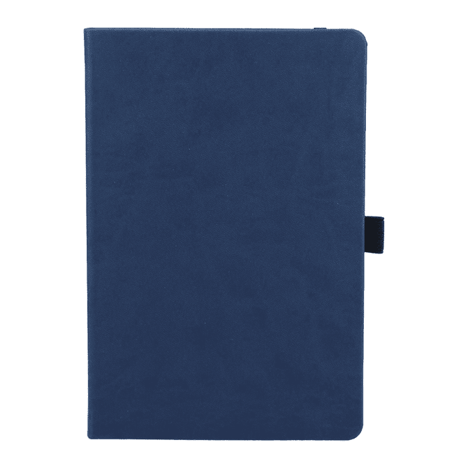 A navy blue hardbound journal with a textured cover and a closure strap. It features a logo on the front.