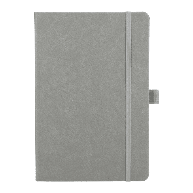 A grey hardbound journal with an elastic closure and a bookmark ribbon, featuring a logo on the cover.