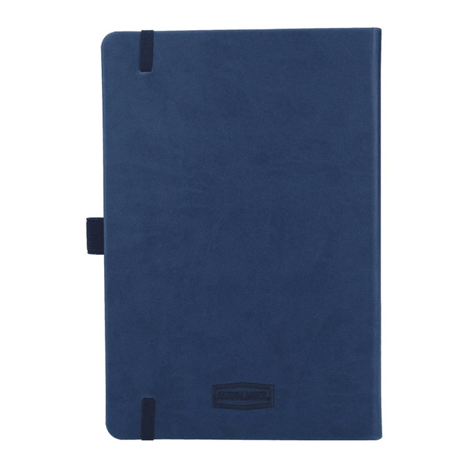 A navy blue hardbound journal with elastic closure and a logo on the cover, made from recycled materials.
