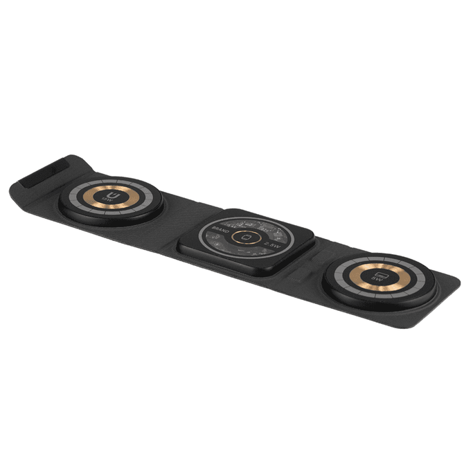 A black multi-media charger featuring three circular charging pads with metallic accents and a central control panel.