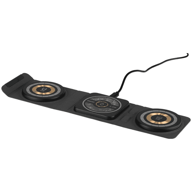 A black 3-in-1 wireless charger featuring three circular charging pads connected by a flexible base.