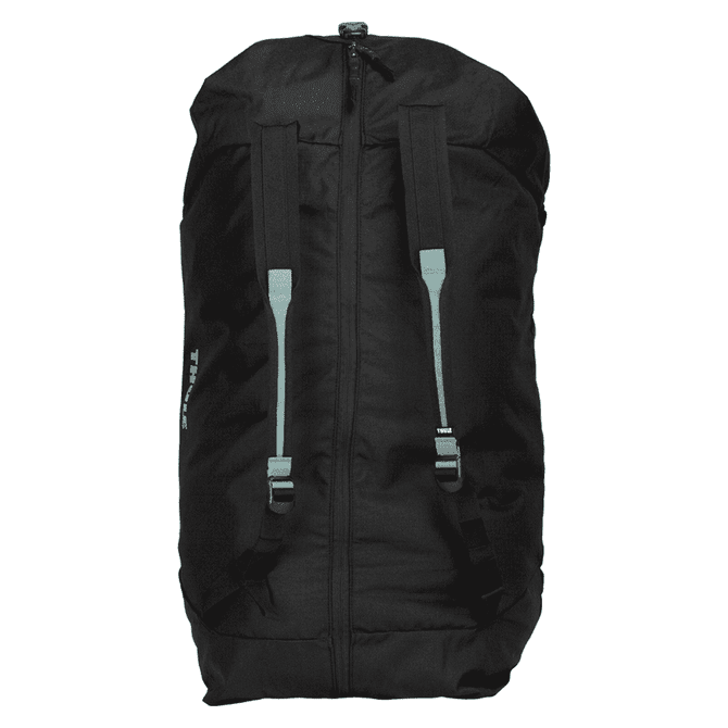 A black duffel bag with mid blue accents and adjustable straps, featuring a logo.