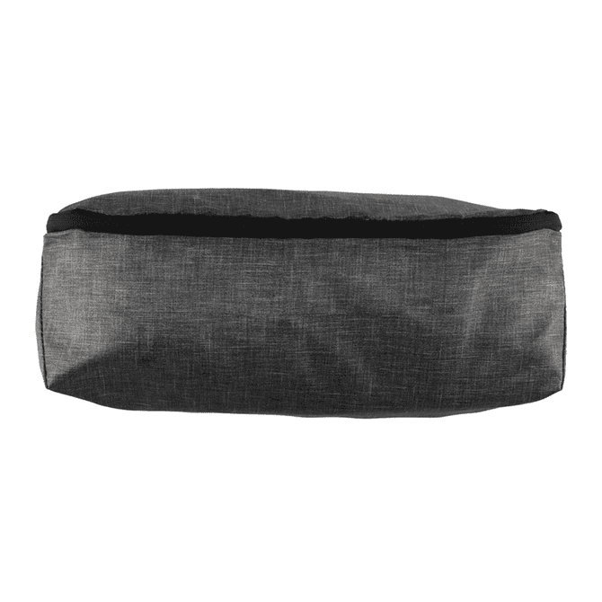 A grey packing cube with a sleek, minimalist design, featuring a black border and a logo on one side.