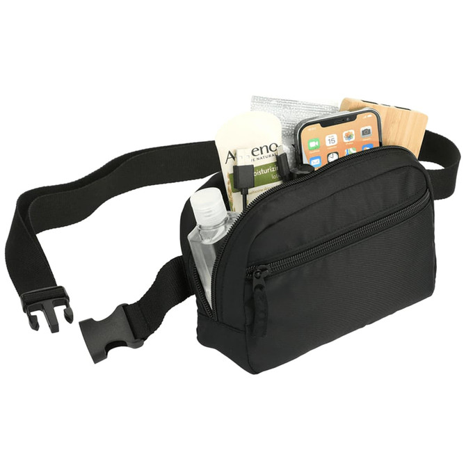 A black recycled sport bum bag with various items, including a drink bottle and a phone, visible inside.
