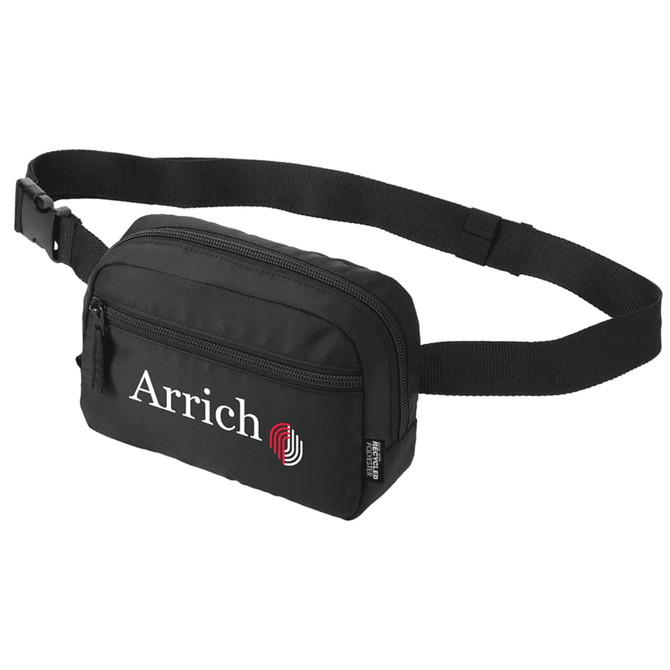 A black recycled sport bum bag featuring a zippered compartment and adjustable strap, with a logo.