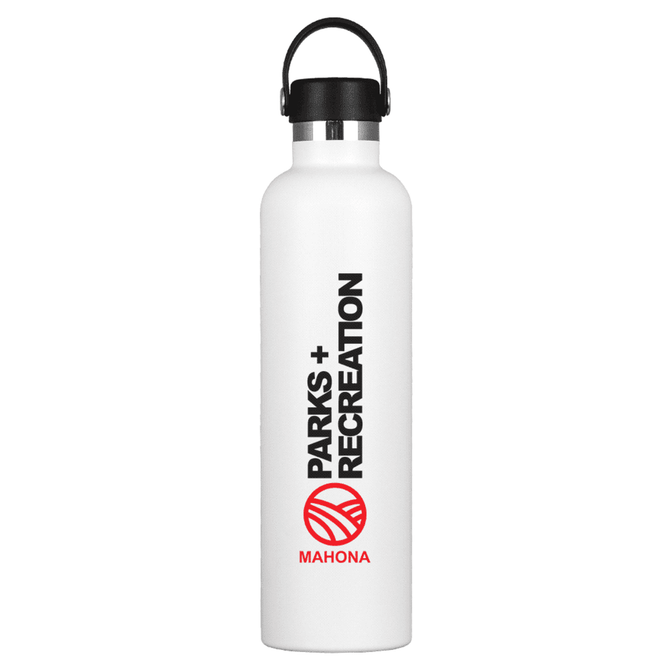 A drink bottle with a sleek white design, featuring a black top and a logo. It holds 1 litre of liquid.