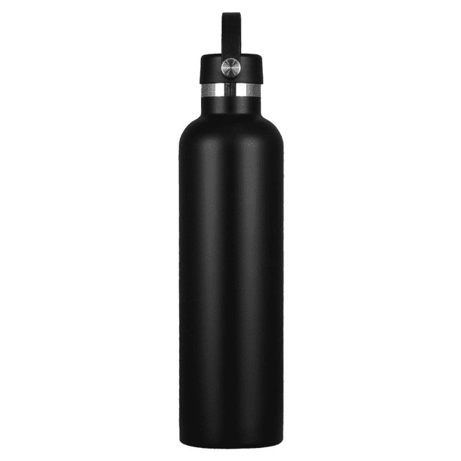 A drink bottle in matte black stainless steel, featuring a secure lid and a simple design. It has a logo on the side.