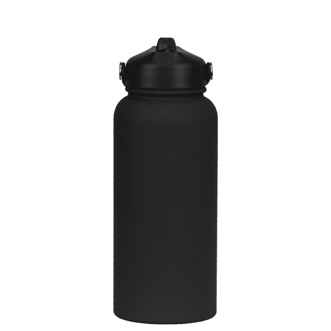 A drink bottle in matte black with a rubber-coated finish, featuring a twist-off top and a logo.