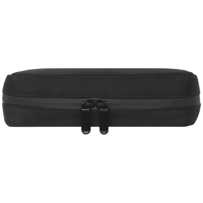 A black organiser pouch with a zippered closure, featuring a simple design and a logo.