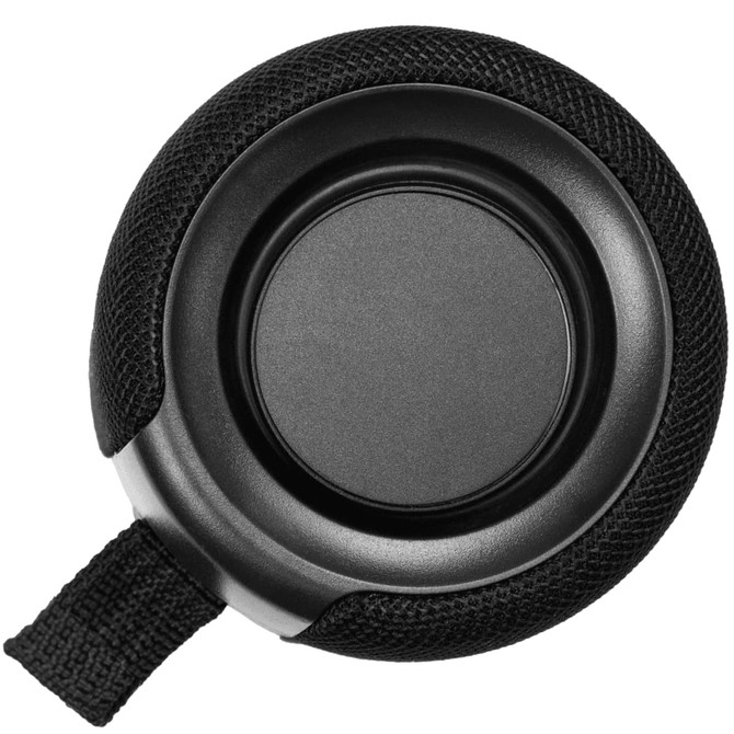 A round, black Breakaway Bluetooth speaker with a textured fabric surface and a strap for easy carrying.