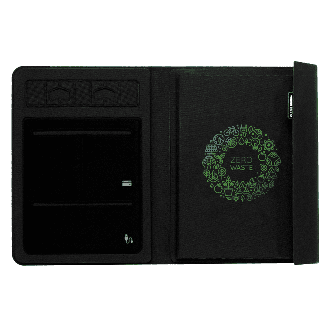 A5 RPET folio notebook in black with a vibrant green circular design, featuring an inner pocket and a slot for a USB.