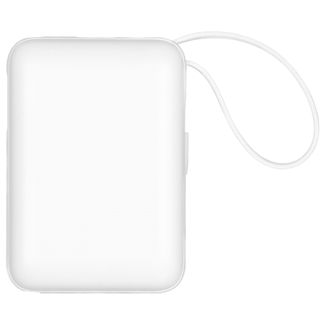 A white powerbank with a smooth surface and a loop strap, designed for charging devices on the go.