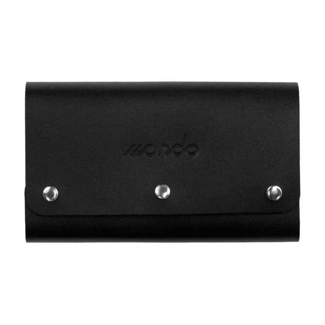 A black leather cover with metal studs, containing a travel card set. It features a branding logo.