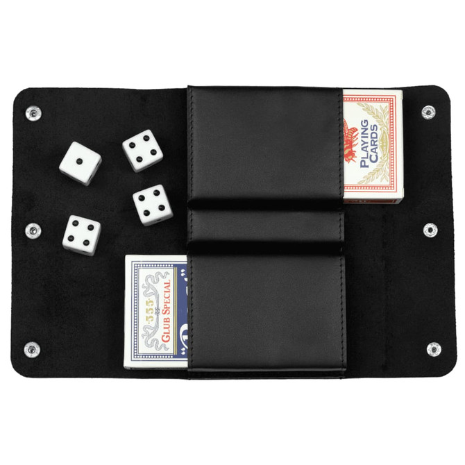 A black leather cover holding two decks of playing cards and four white dice.
