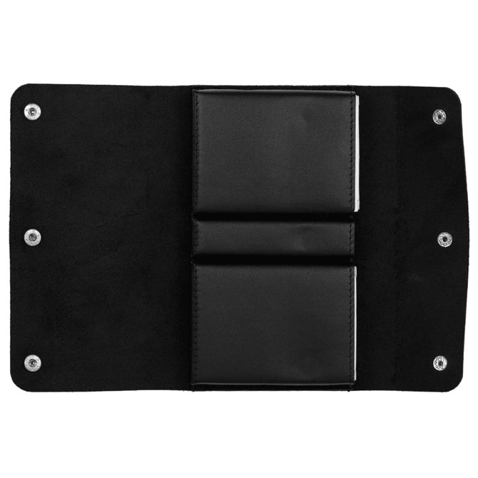 A black leather cover opens to reveal two card holders inside, with a soft, textured lining.