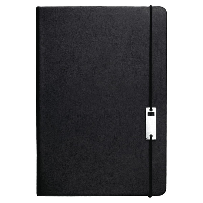 A black notebook with a textured cover and an elastic strap, featuring a silver clasp. Includes a pen.