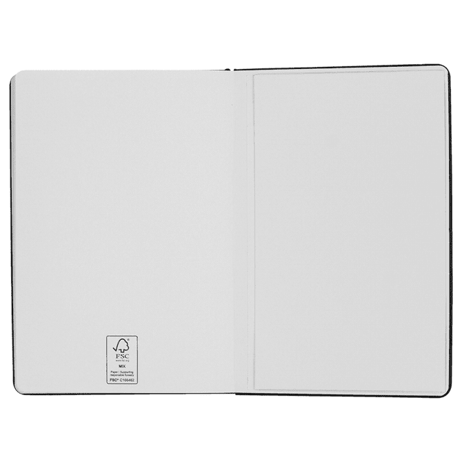 A closed black notebook with blank pages and a small logo on the inner cover.