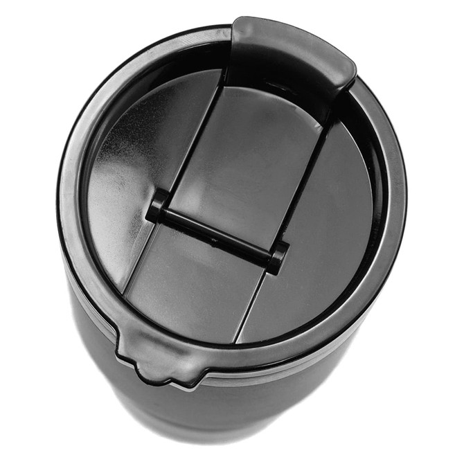 A drink bottle with a black finish, featuring a flip-top lid and a sleek, minimalist design.