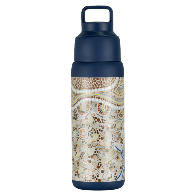 A drink bottle in navy blue featuring an intricate patterned design. It has a logo and holds 750ml.