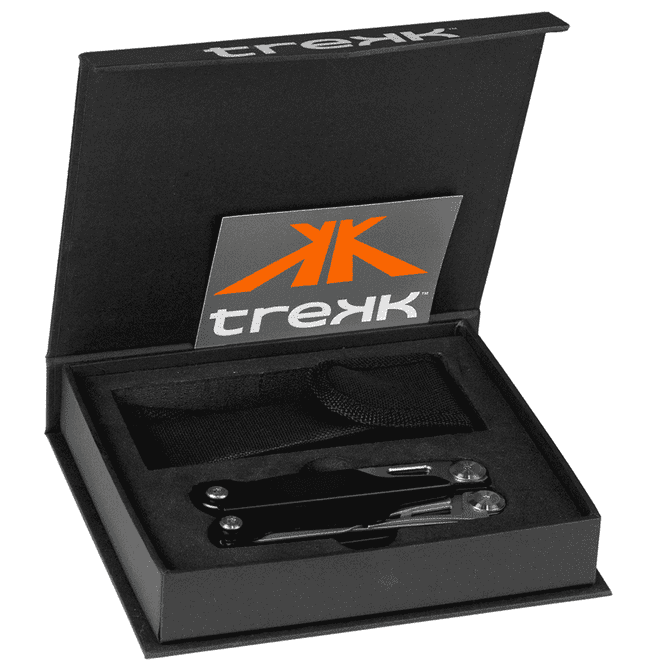 A black multi-tool set is displayed in an open box with a logo and a storage band.