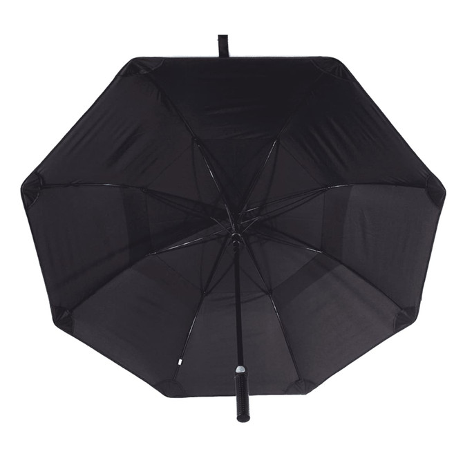 A black 60” vented tipless golf umbrella, featuring a sturdy frame and a comfortable grip handle.