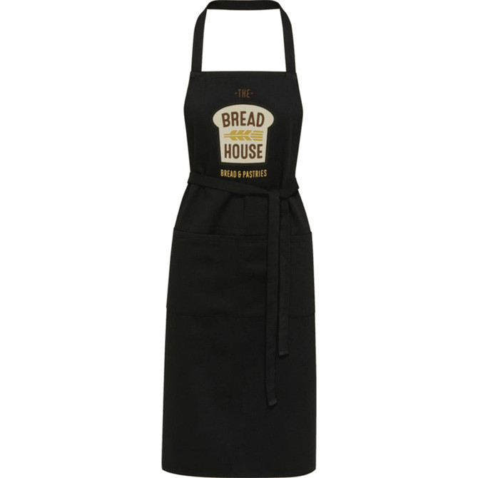 A black apron featuring a logo, made from 240 g/m² Aware Recycled material, designed for workwear use.