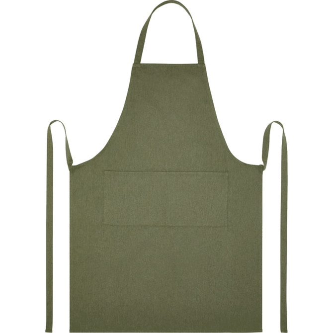 An olive green apron made from recycled fabric, featuring a front pocket and ties at the waist.