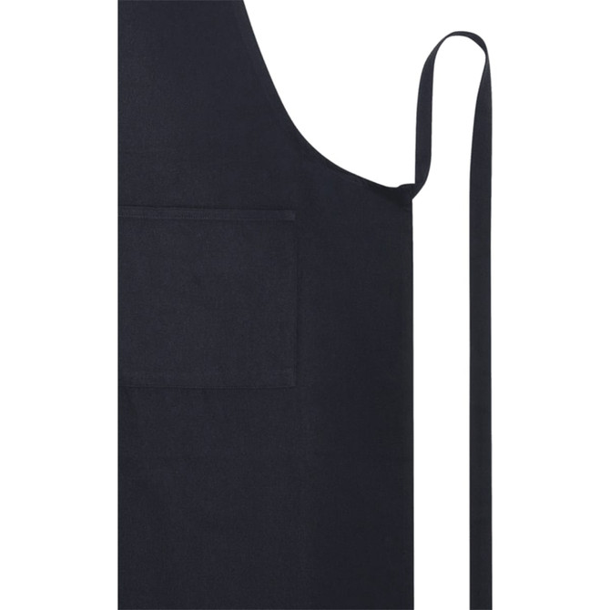 A black apron with a pocket and a tie strap, made from Aware recycled material. It features a logo.