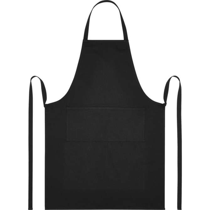 A black apron made from 240 g/m² recycled material, featuring a front pocket and ties.
