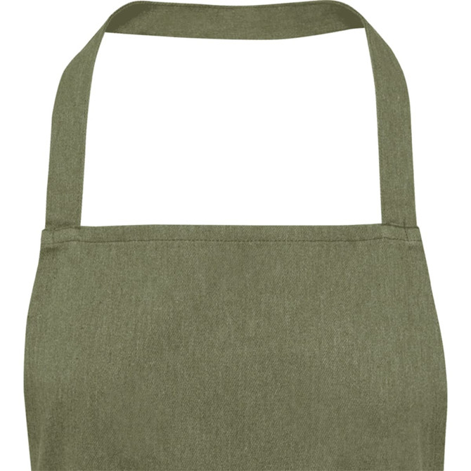 An olive green apron with a simple design and a logo at the top.
