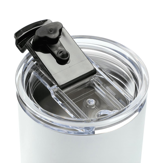 A drink bottle featuring a white exterior and a clear, black-lidded opening. It has a logo displayed.