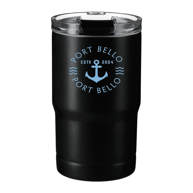 A drink bottle featuring a black exterior with a transparent lid, and a logo on the front.
